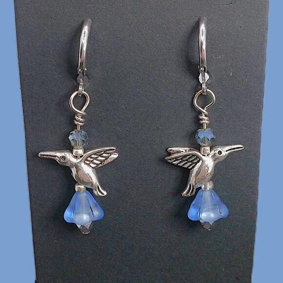 NEW Whimsical Hummingbird Floral Earrings Dangle Artisan Blue Glass Silver Charm - Picture 1 of 9